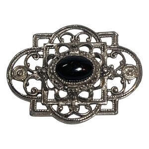 Vintage Silver Tone Black Glass Brooch Pin 2” Art Deco